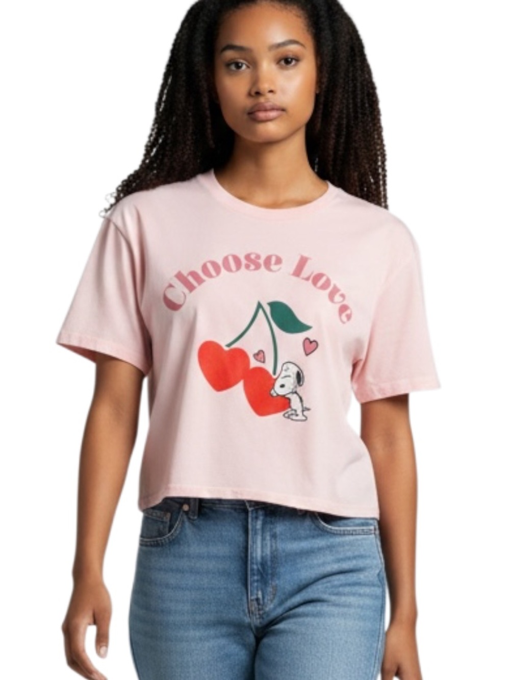Peanuts Light Pink 'Choose Love' Crop Tee with Cherry Graphic